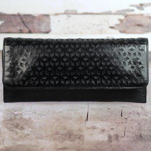 HOBO SADIE Leather Trifold Wallet Perforated Black